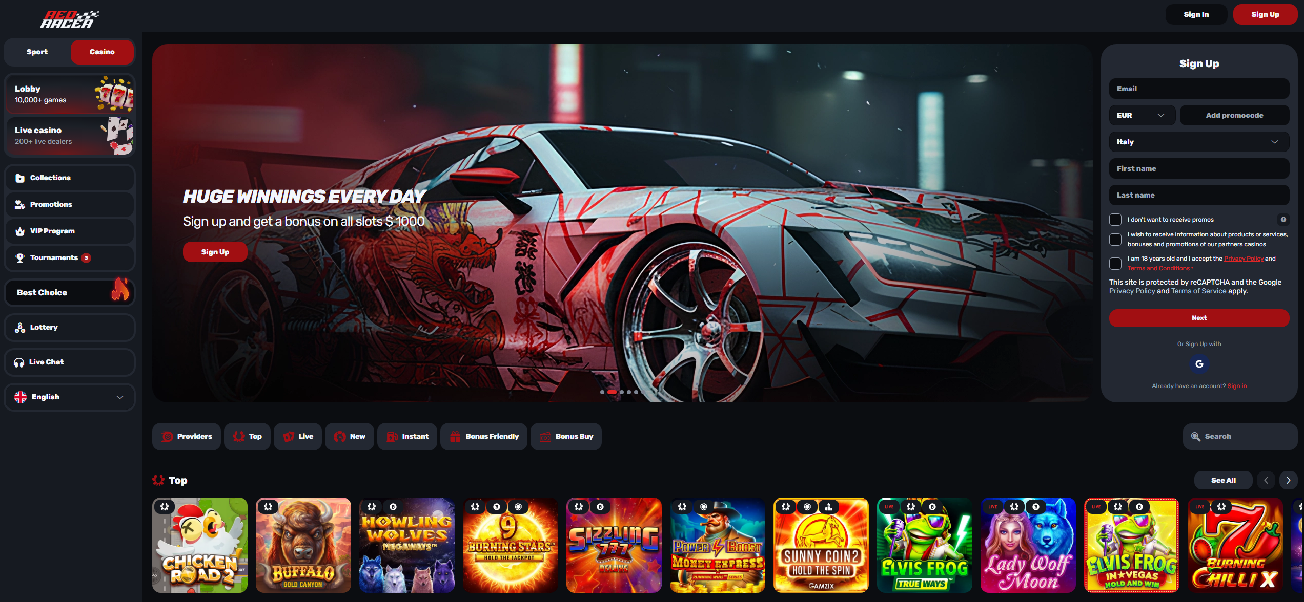 Panoramica dei giochi del Casinò Online Redracer